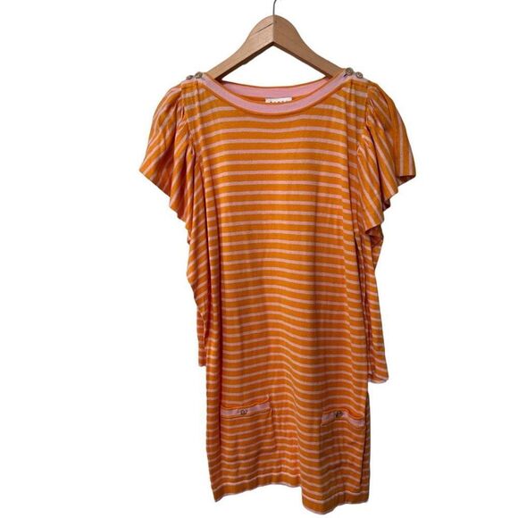 Tanya Taylor Striped Flutter Sleeve Mini Dress Pink Tangerine Orange Size Medium - Picture 2 of 13